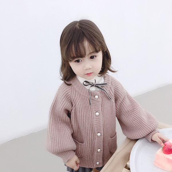 3 Colors New Design Baby Girl Sweater Children Knitted Lantern Sleeve Pearl Button Cardigan Sweater Kids Warm Fashion Outwear Outfits M465