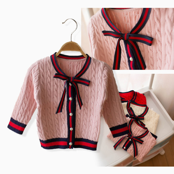 Girls Sweater Cardigan Designer Kids Stripe Lace-up Bows Tie Princess Outwear Children Twist Knitting Long Sleeve Sweater Outwear 3 Colors