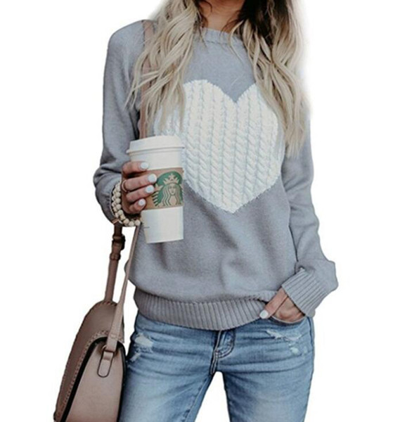 Women Heart Sweaters 6 Colors Long Sleeve Knitted Jumpers Pullovers Valentine's Day Love Shaped Print Girls Sweater LJJO7582