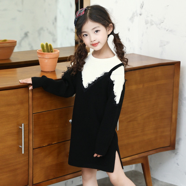 2018 Autumn New Pattern Fashion False Two Paper Sweater Long Girls Lace Clothes Cotton