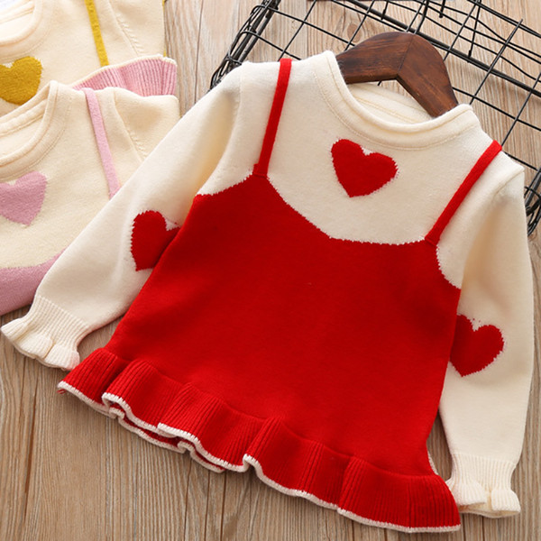 Baby Girls Sweater Spring and Autumn Dress Girl Love Fake Two-piece Sweater Children's Kids Toddler Girls Clothes