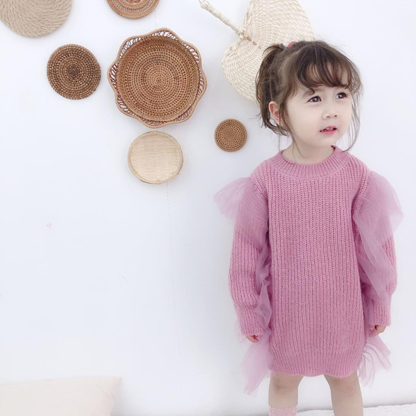 Autumn Winter Warm Long Sweater for Girls Mesh Patchwork Casual Kids Knitted Sweater Dress O-neck Children Pullover Dress 12M-6T