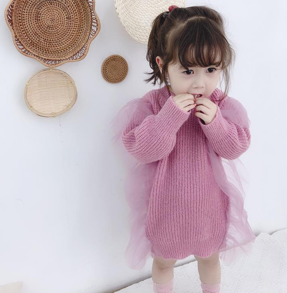 Autumn Winter Warm Long Sweater for Girls Mesh Patchwork Casual Kids Knitted Sweater Dress O-neck Children Pullover Dress 12M-6T