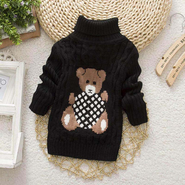 Toddler Kids Baby Girls Boy Bear Print Sweater Knit Crochet Tops Clothes Outfits Turtleneck Long Sleeve Sweaters Autumn Winter