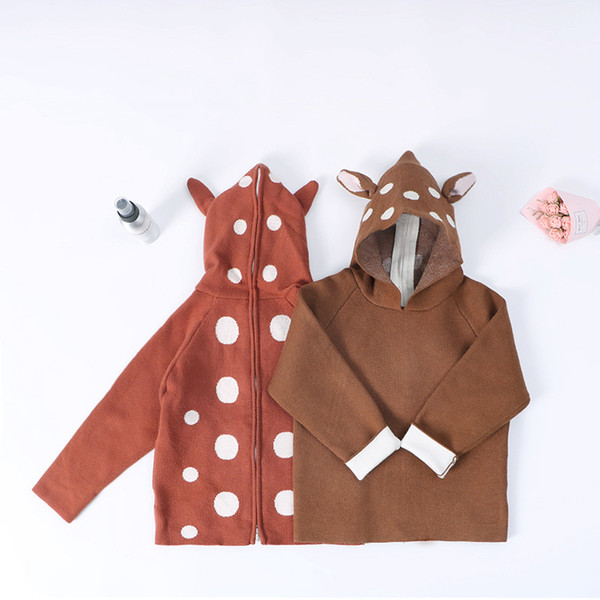 Ins Baby Girls Sweater Kids Cartoon Deer Sweater Zipper Cardigan Hooded Knitwear Sweaters W419