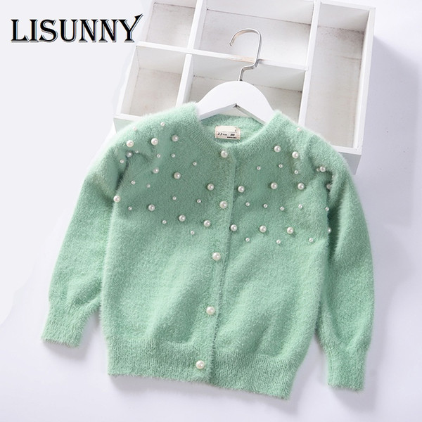 2019 Autumn Winter Pearl Solid warm Girls Sweater Baby Princess mink velvet knit Cardigan jacket Kids Clothes Children Clothing