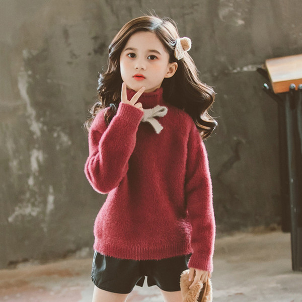 Children's Long Sleeve Turtleneck Sweater Winter Thicken Pullover Girls Sweaters Lovely Kids Wine Red Knitted Warm Casual Sweter