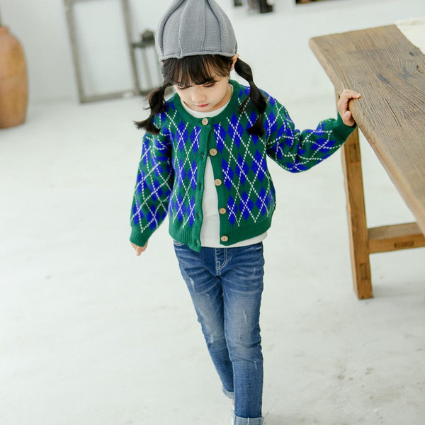 Kids Brand Sweater Girls Designer Knit Cardigan Geometric Print Tops Sweet British Style New Fashion Style 2019 Autumn Top Quality