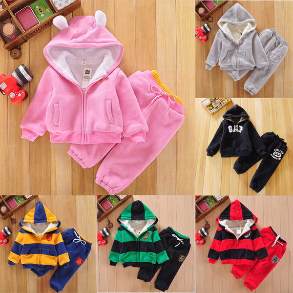 Baby Cotton Hooded Set Toddler Girls Autumn Lambswool Jacket Striped Pocket Zipper Keep Warm Winter Wear Kids Letter Casual Outfit 06