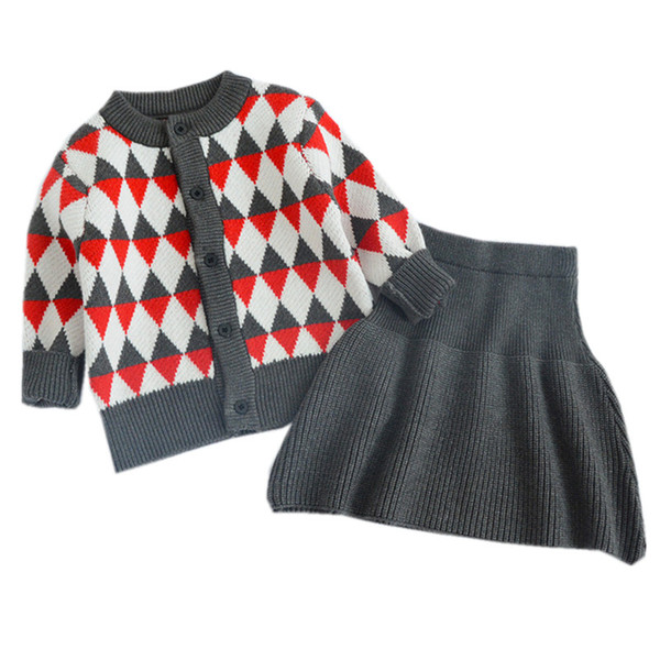 baby & kids girls geometric print caridgan sweater with knitted skirts 2 pieces set child girl fashion fall spring clothing set