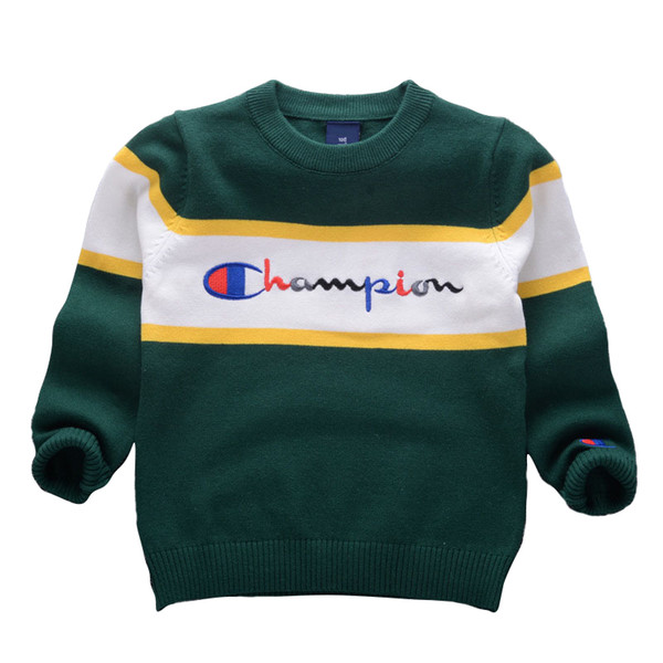 Korean style 2018 Autumn Winter Boys Girls Sweaters Champion Baby stripe Pullover Knit Kids Clothes Embroidery letters Student Clothing