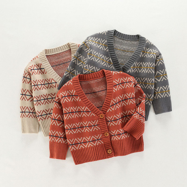 Boys Sweaters Cardigan Pure Cotton Printed Diamond Striped Long Sleeve Knitted Clothes Single Row Buckle Button V-Neck Winter Sweaters