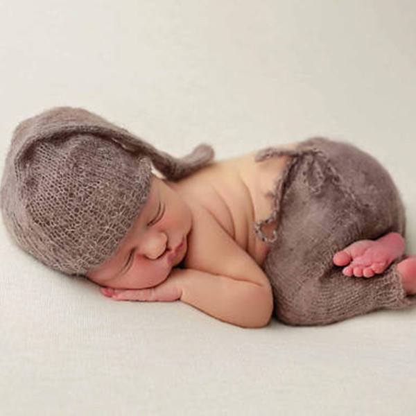 2018 New products boy photo shoot clothes mohair brown hat and pants Newborn photography props hand-woven baby gifts