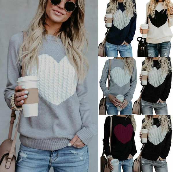 Women Heart Knitted Sweater Printed Long Sleeve O Neck Loose Jumper Knitwear Tops Outwear Girls Pullover LJJO6263