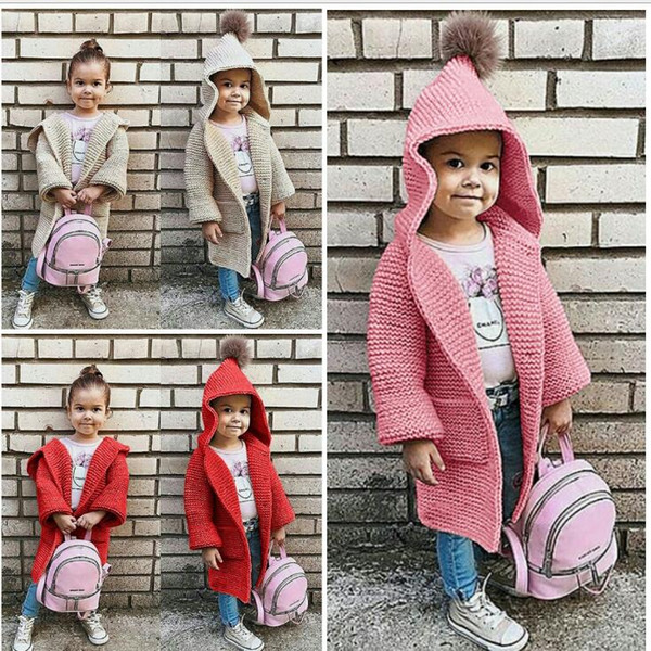 Toddler Baby Girls Autumn Winter Clothes Knitted Sweater Pure Colour Children's Long Cap Sweater For Girls