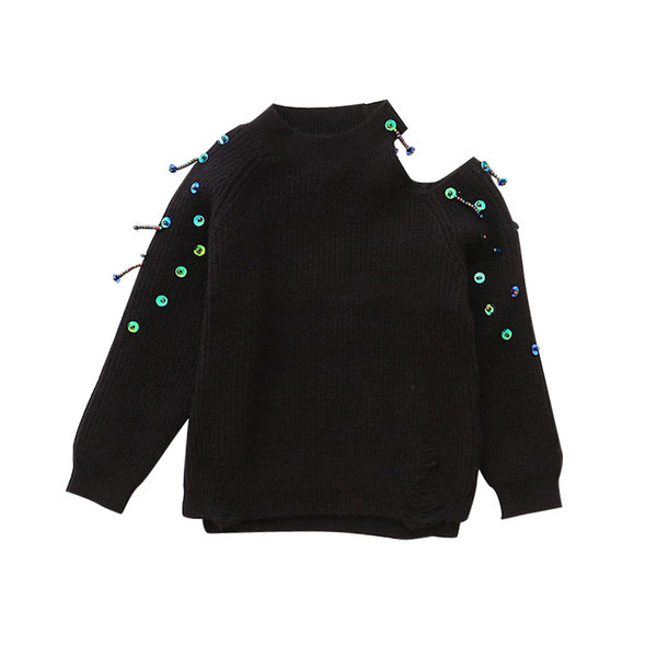 Girls Clothing 2017 Autumn Winter Children Fashion Strapless Sequins Black Sweaters 3T-12T Kids Outerwear O-neck Knitwear