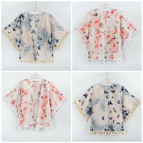 Girls Floral Caps Poncho with Tassels Flower Printed Half Wide Sleeve Ramie Spring Autumn Tops Outfit baby girl clothes 1-5T BY0227