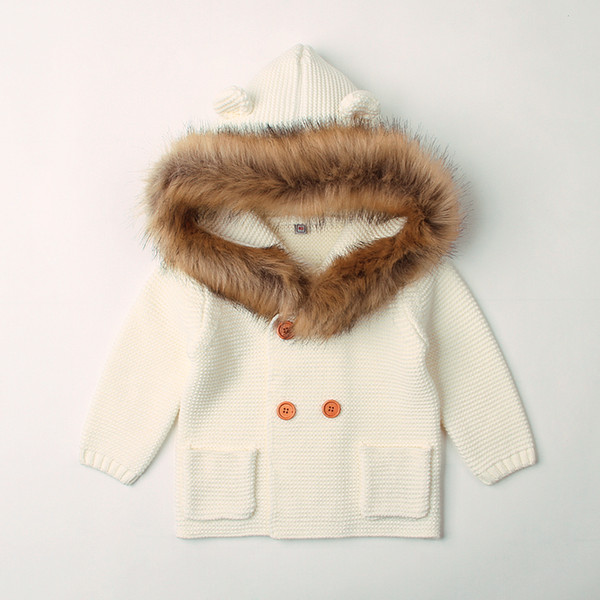 6-24M Winter Warm Newborn Baby Sweater Fur Hood Detachable Infant Boys Girl Knitted Cardigan Fall Outwear Children Knitwear