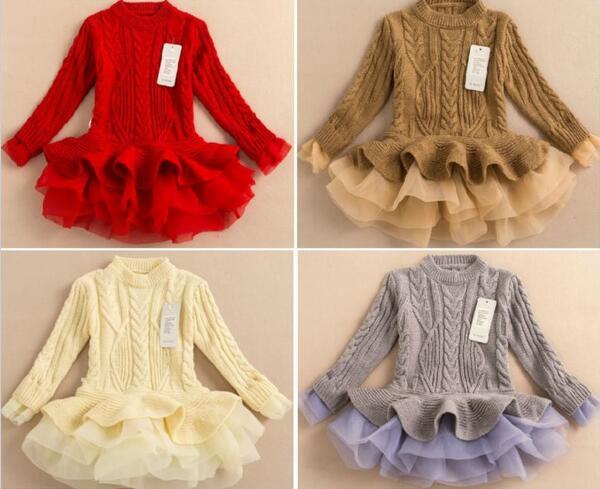 2016 Spring autumn Kids Girls Knit Sweater Dresses Baby girl tulle lace TUTU Winter princess jumper pullover dress free shipping