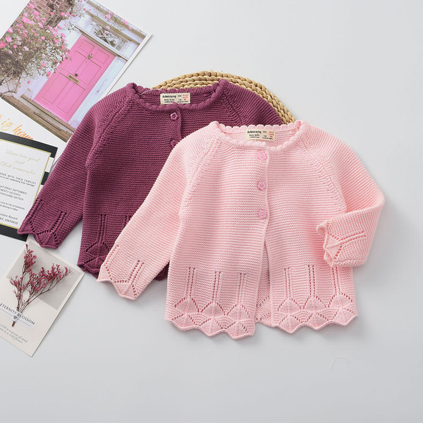 5 ColorsBaby Girls Sweater Cardigan Toddler Kids Hollow Knitted Sweater Outwear Children Collar Long Sleeve Cotton Princess Outwear Clothing