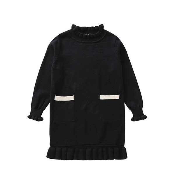 Toddler Infant Baby Girl Pure Color Pocket black Long Sleeves Long Sweater Blouse fashion Sweater Costume pour enfants#g9