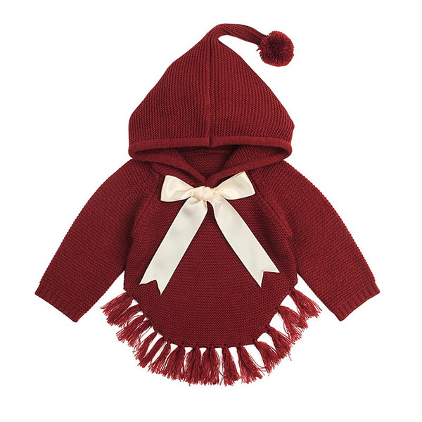 Hot Baby knitted Girl Sweaters Cape Hooded Children Bow Knit Cardigans Fringe Toddler Kids Coats Winter Warm Infant Clothes