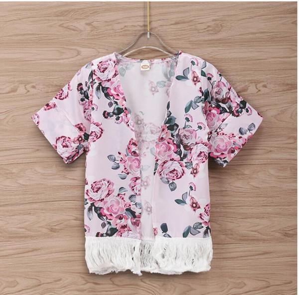 Baby Floral Print Tassel Thin Layer Coat Girl Summer Short Sleeve Cardigan Kids Clothes ZHT 178