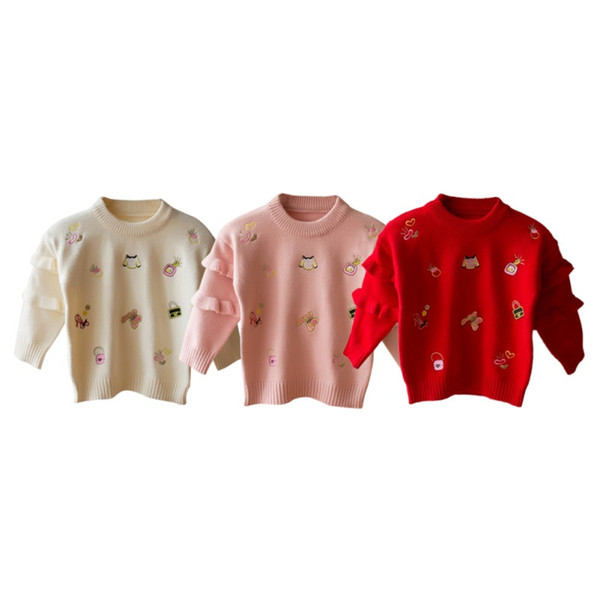 Children Autumn O-Neck Knitted Tops Baby Girls Cartoon Print Lace Cotton Pullover Sweater Outerwear Girl Elastic Coat Clothes