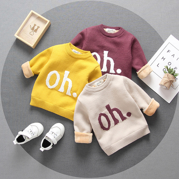 Letter OH Autumn Boys Girls Sweaters Tops Knitting Pullover Toddler Long Sleeve Round Collar Baby Girl Kids Sweater with Velvet