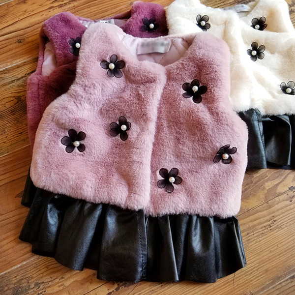 New wool Children sweater Autumn Winter Baby Girl Fur Ball Flower Pu Leather Vest Outwear Coat