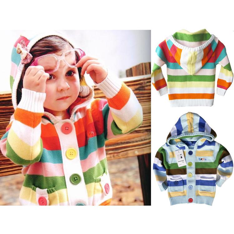 Wholesale-Baby Knitting Hooded Jacket Spring Autumn Fashion Kids Girl Coat with Colorful Stripe Cute Cotton Knit Cardigan Free Shipping