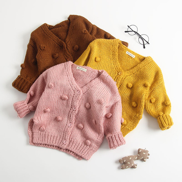 Baby Girls Knit Cardigan Spring Autumn Children Pompom V-neck Single-breasted Long Sleeve Sweater Outwear toddler kids cotton Tops 3 Colors