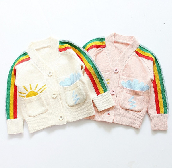 Vieeoease Girls Sweater Rainbow Cardigan 2018 Autumn Winter Fashion Knitting Long Sleeve Lace Kids Clothing EE-1005