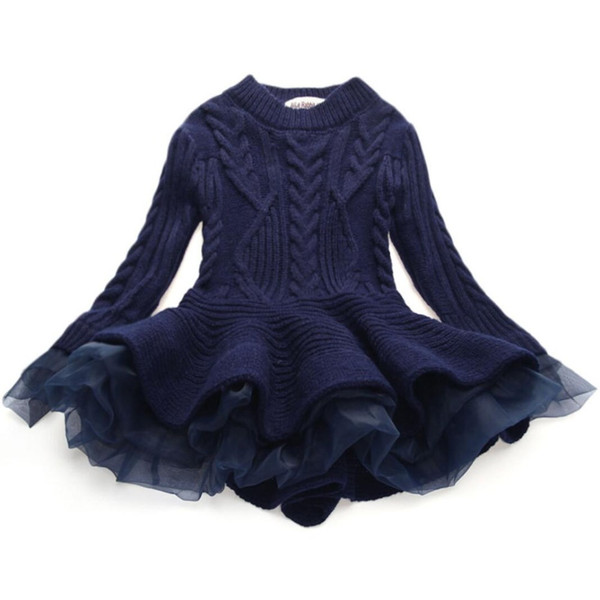 Fashion Autumn Winter Girls Wool Knitted Sweater Baby Girl Dress Girls Princess Organza Wool Dresses Baby Girl Clothes