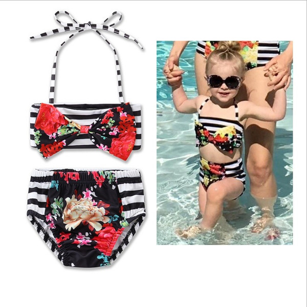 Europe And The United States Baby Girl Swimsuit Two Piece Set Princess Bikini Child Split Swimsuit Black And White Striped Flower Swimsuit