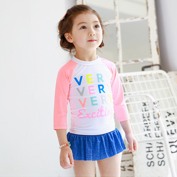 Letter Printed Girl Baby Swimwear Swim Set New Design Children Two-Pieces Swimsuits Long Sleeve Swimming Suits Free Shipping