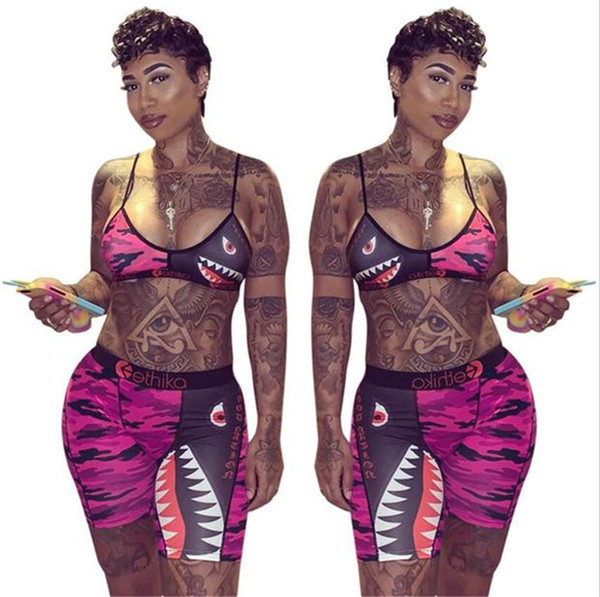 Designer Ethika Swimwear Women Tie up Bra +Shorts Swimming Trunk Pants 2 Piece Tracksuit Patchwork Shark Camo Swimsuit Bikini Set Hot A21804