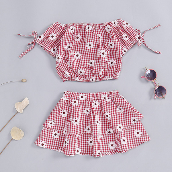 hot girls summer clothes sets 2 pcs children sets red plaid off-the-shoulder clothes + short skirt fashion girls suits.Y04B