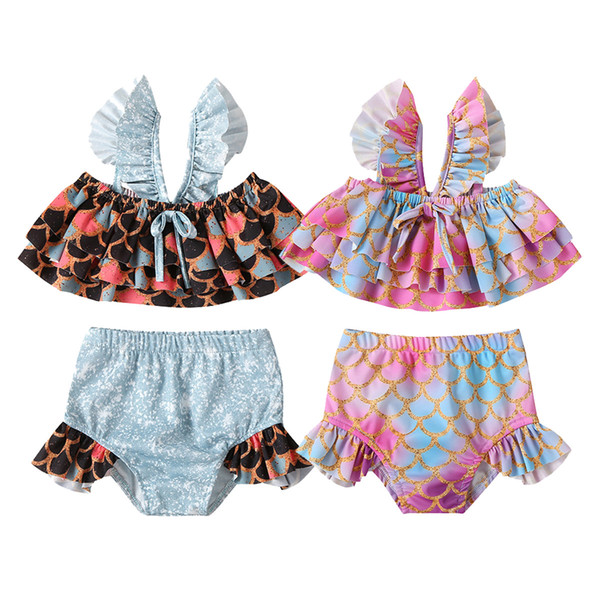 New Baby Girls Mermaid Sequin Swimwear Children Ruffled Collar Bow Two Piece Swimsuit Bikini Bath suit Beachwear outfit