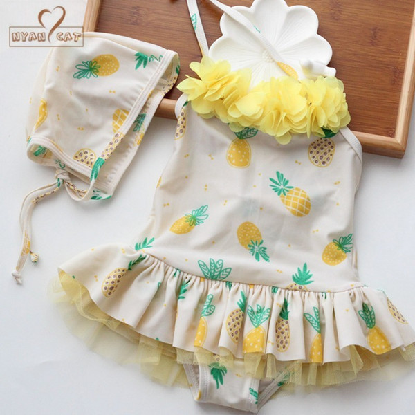 dropship new pineapple fruit lace ballerina skirt one-piece swimsuit with hat girls baby bathing vacation outfits