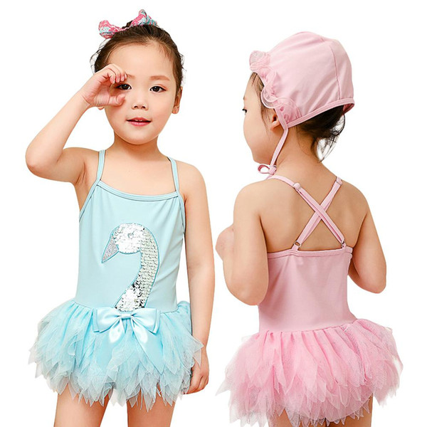 HobbyLane 2pcs/set Children Swimsuit Girl One-piece Swan Dress Swimsuit + Swimming Cap