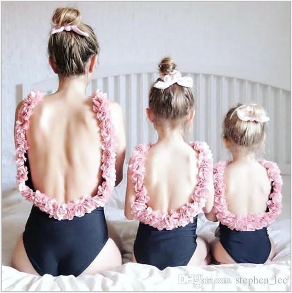 New Arrivals Girls Flowers Backless Swimwear Mother And Daughter One-Piece Swimming Clothes Stereo Petal Suspender Beach Holiday Swimsuits