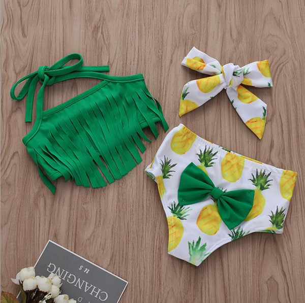 Children Swimwear baby girls Sling tassel top+pineapple print shorts with Bow headband summer Bikini Kids Swimsuit short beach Swimwear