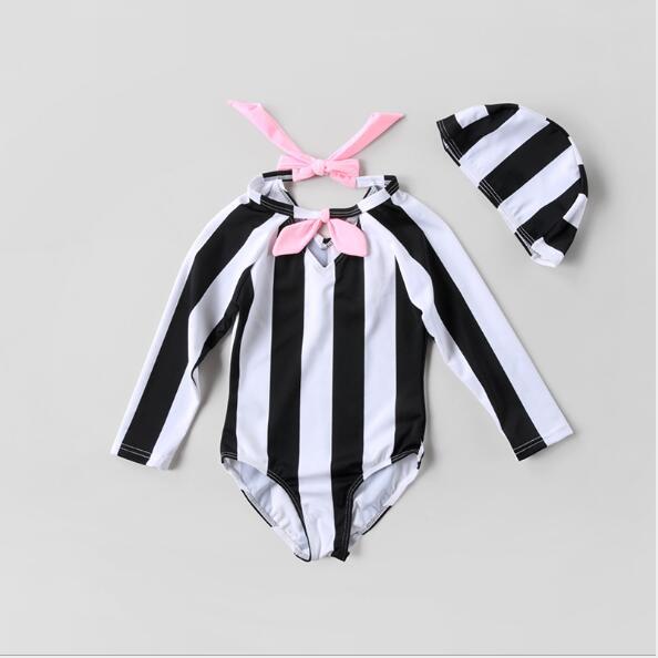 girls' swimsuit 2018 new arrivals hot selling girl kids bikini summer girl striped long sleeve bowknot One-Piecess+swimming cap two sets