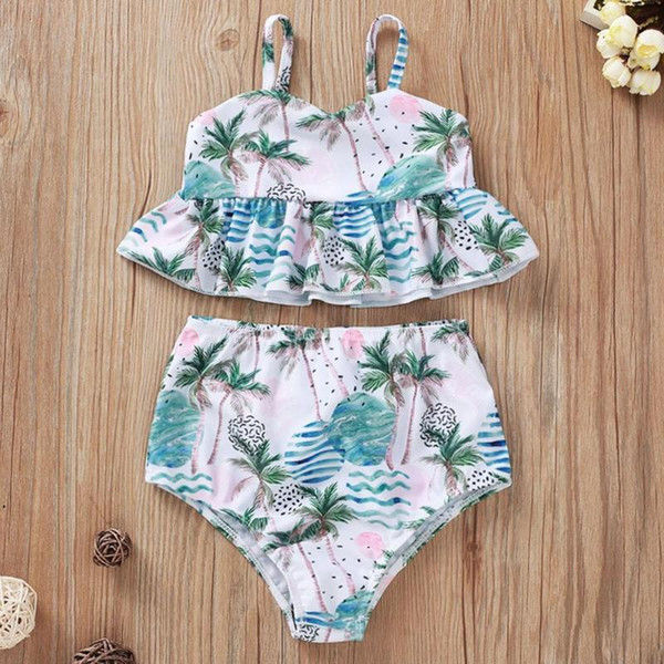 Baby Girls Summer Suspender Tree Printed Bikini Swimwear Bathing Clothes Toddler Cute Bow Swimsuit Set Newborn Beachwear