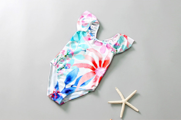 Baby girls swimsuits 2019 New flowers printed Kids one-piece swimwear floral falbala sleeve swimming children SPA beach bathing suit Y1521