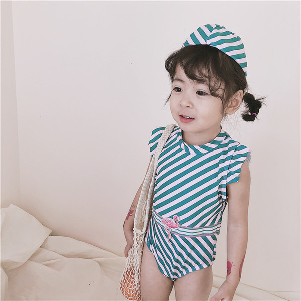 5pcs/lot children's swimwear striped girls swimsuit one-piece swimsuit with Cap 1-5T sylvia 585188141600