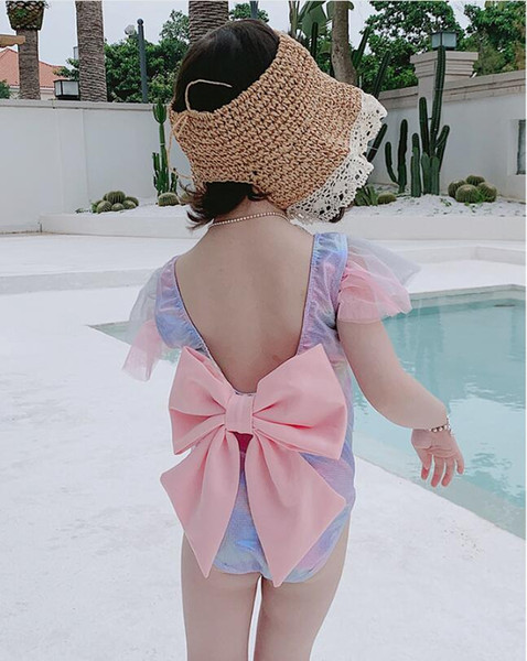 Rainbow one piece children's swimsuit Children's swimwear girl's solid gold stamping mesh swimwear girl's bow one piece swimwear