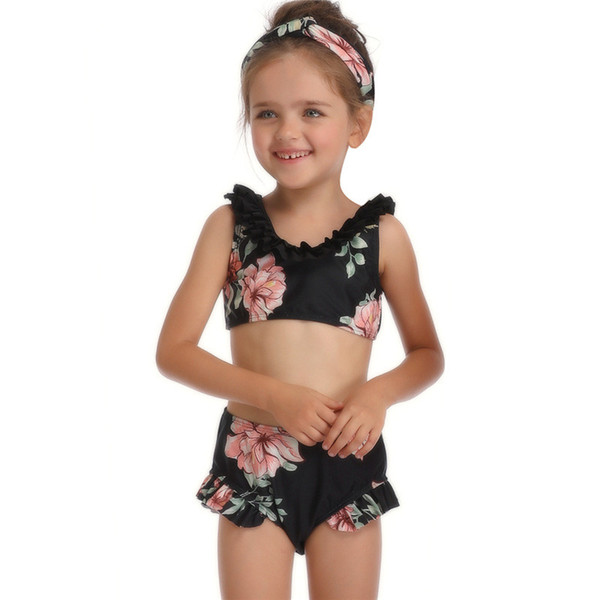 Girls Swimwear 2CS Bikinis Kids Summer Deep V Backless Tops Triangle Pants Swimsuit Beach Wear Bathing Suit 2colors 2-14years Q218