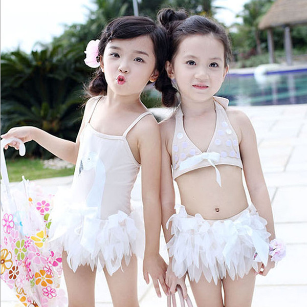 Children baby girls swimsuit soft comfortable white swan pattern girls swimming skirt beach one-piece kids swimwear with cap